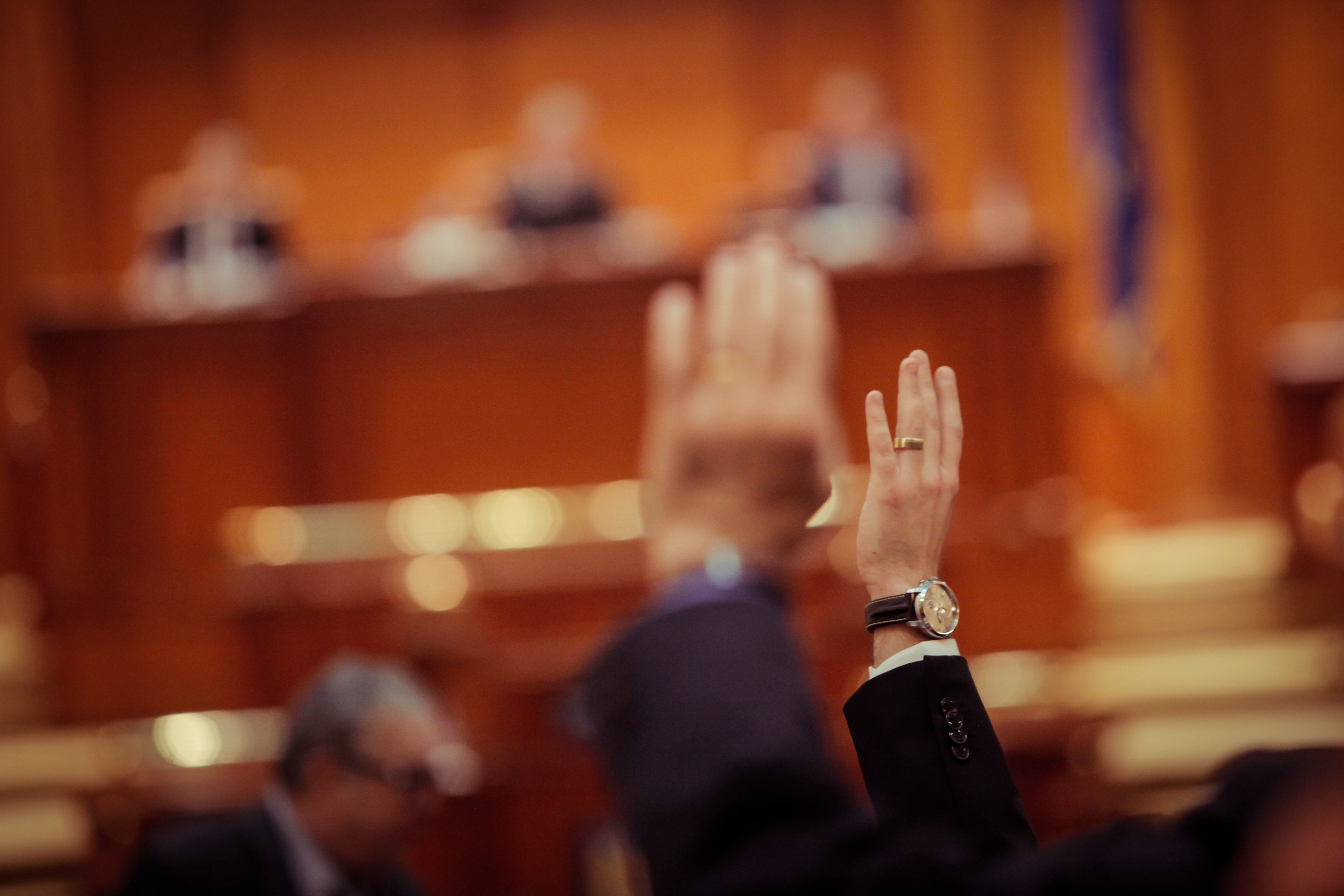 Personnes levant la main lors d'une séance au parlement.